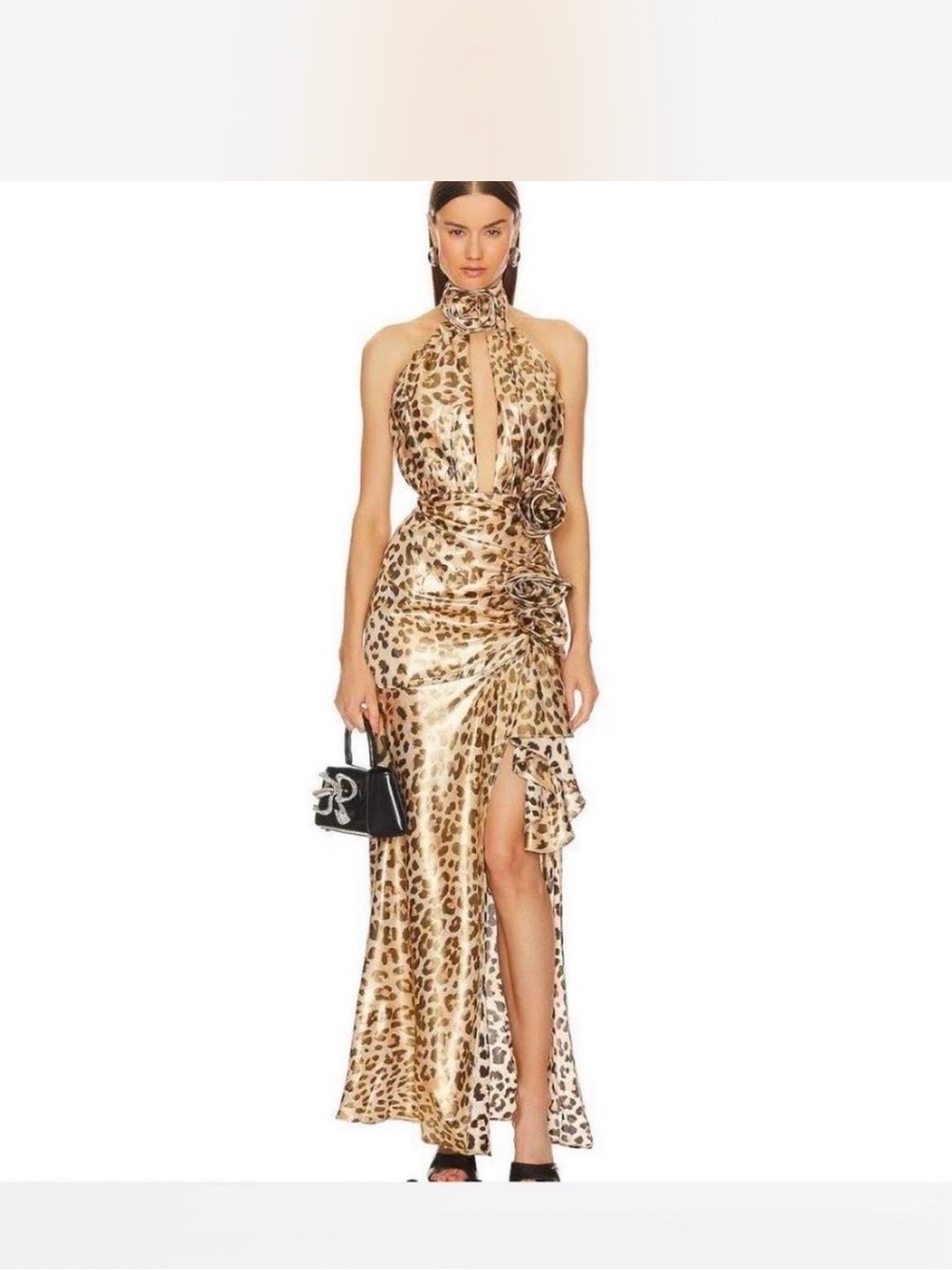 Lovers + Friends Leopard Open Shoulder Halter Maxi Dress - Beige with 3D Floral